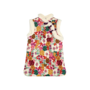 Girls Fluffy Qipao Dress with Oil Painting Flower Pattern Trendy Winter New Arrival Childrens Clothing Polyester Fabric