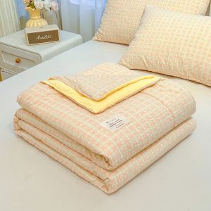 Dansunreve 1pc Thin Summer Quilt Only Washed Cotton Soft Small Plaid Comforter INS Minimalist Green/Pink/Blue Simple Japanese Style Queen King Single Duvet Antibacterial Duvet