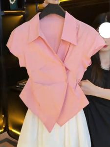 Plus Size White V-neck Short-Sleeved Shirt Womens Summer New Design Sense Niche Style Irregular Cinched Slim Looking Short Top