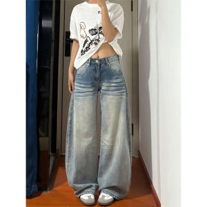 กางเกงยีนส์ทรงหลวมเอวต่ำสไตล์อเมริกันย้อนยุคไซส์ใหญ่สำหรับผู้หญิง กางเกงขายาวทรงตรงทรงหลวมสำหรับฤดูใบไม้ร่วง