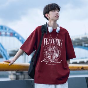 เสื้อยืดคอกลมแขนสั้นผ้าคอตตอนเนื้อหนาสำหรับผู้ชาย ทรงหลวม แฟชั่นฤดูร้อน เสื้อยืดแขนกุดสำหรับเยาวชนและนักเรียน