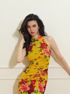 Chinese Style Peony Sleeveless Maxi Dress Yellow