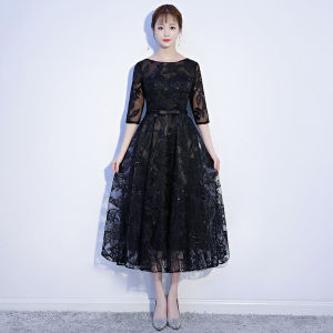 plus Size Evening Gown Womens Frock Conceals Belly for Fat Sister Short Stature Elegant Slimming Black White Prom Party Dress