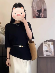 BINKAFENNY | Black One-Shoulder Knitted Short-Sleeve T-Shirt Women Summer Plus Size Loose Comfortable Top Slimming Effect Pear Shaped Body