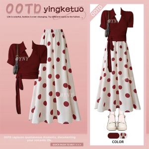 YINGKETUO | V-Neck Tied Slim Fitting High Waist Dress and Skirt Set Retro Polka Dots