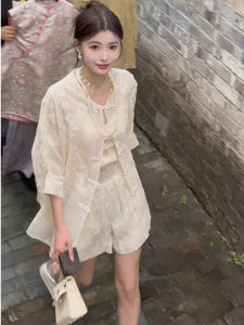 New Chinese Style Heavy Embroidery Buttoned Sun Protection Shirt Wide Leg Shorts Womens Summer Fashion Set Two-Piece Suit