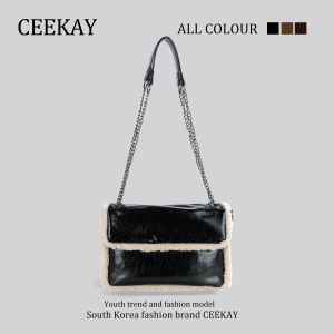 กระเป๋าสะพายข้างผ้าขนสัตว์ CEEKAY กระเป๋าแฟชั่นสำหรับผู้หญิง กระเป๋าสะพายข้างแบบสะพายไหล่เดียว ทรงสี่เหลี่ยมแบน ทรงสี่เหลี่ยมแบน วัสดุผ้ากำมะหยี่