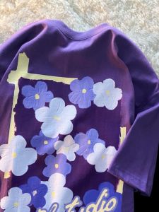 Purple Cotton T-Shirt Womens Summer Korean Version Loose Mid-Length Design Printed Short-Sleeve Casual round Neck Top