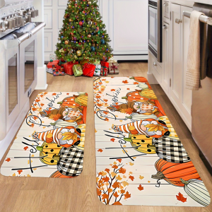 VIKAMA Fall Thanksgiving Kitchen Rug Set Gnome Pumpkin Buffalo Plaid Anti‑Slip Water Resistant Floor Mat Harvest Home Decor