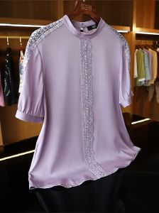 เสื้อผ้าไหมแขนสั้นราชินีหรูหรา 2023 แฟชั่นใหม่ฤดูร้อนเสื้อผ้าไหมแบรนด์ใหญ่ลูกไม้ประกบกันอารมณ์ฤดูร้อน