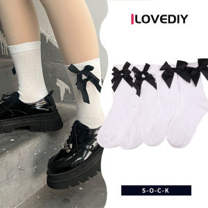 ILOVEDIY ถุงเท้าสามมิติข้างถุงเท้าโบว์ขนาดใหญ่ถุงเท้าสไตล์มหาลัยยาวครึ่งน่องอเนกประสงค์สไตล์เกาหลี