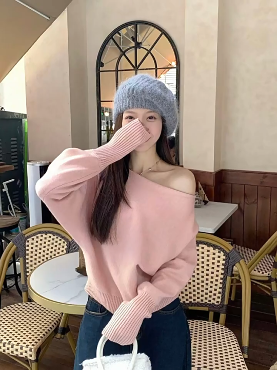 Korean Long Sleeves Off Shoulder Knitted Sweater For Women Loose Lantern Tops