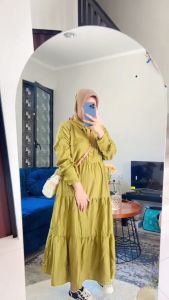 Haseena Midi Gamis Polos Wanita Zoya Dress Susun Ruffle Lengan Serut Busui Friendly Fashion Muslimah Polo Linen OOTD Casual
