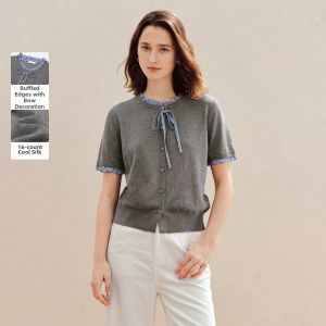 INMAN | Cool Silk Gingham Wood Ear Bow Knit Cardigan