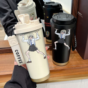 Portable Insulated Stainless Steel Coffee Cup for Women Straw Water Cup Ice Preservation Cute Cartoon Design Versatile Outdoor Use