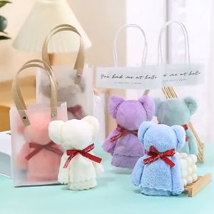 🎊Womens Day gift Bear Towel with free gift bag Valentines Day Gift Bear Coral Fleece Hand Towel Wedding Gift Pure 4 Colors Cute Towel