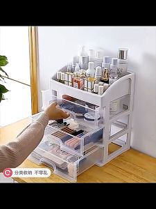 Kotak Penyimpanan Kosmetik Organizer Makeup Tahan Debu dengan Tutup Wadah Kosmetik 3 Laci Transparan Kapasitas Tinggi Menghemat Ruang