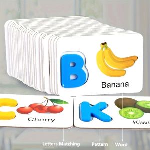 Wooden Alphabet Matching Flash Cards – ABC Puzzle Game with Fruit Illustrations Educational Toy for Preschool Learning & Focus Training Gift for Toddlers & Kids