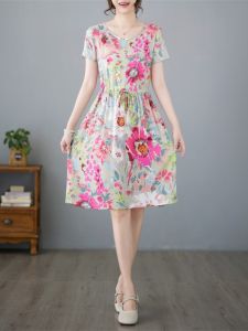 Chinese Style Contrast Color Short Sleeve Waist-Controlled Noil Poplin Dress Womens Mid Length Long Length Amoi Chinese Style Classy Artificial Cotton Large Swing Skirt