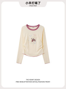 Cute Embroidered Flocking Base Shirt Womens Long Sleeve Slim Fit T-Shirt Inner Wear Winter New Style Shoulder Length Cotton Polyester Blend