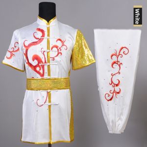 White Short Sleeve Dragon Embroidery Martial Arts Uniform for Male Competition and Training