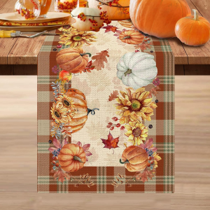 VIKAMA Autumn Pumpkin Checkered Leaf Table Runner Atmospheric Decor Home Kitchen Dining Room Decor Home Decor