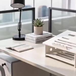 White Laptop Riser with Storage Shelf Ergonomic Notebook Stand with Cable Management