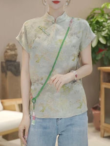 Shalldoer | New Chinese Style Womens Shirt Stand Collar Short Sleeve Printed Casual Slim Fit Summer Vintage Embroidery Design Top