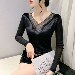 Yimei Áo Áo ren cổ chữ V mới mùa thu 2023 với chạm khoét kim cương sáng Tay áo dài lưới áo lót màu đen vừa vặn thời trang nữ xu hướng