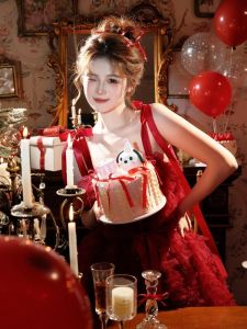 Studio Christmas Themed Photo New Arrival Girl Cute Stylish New Year Red Dress Art Photo Photography Clothing