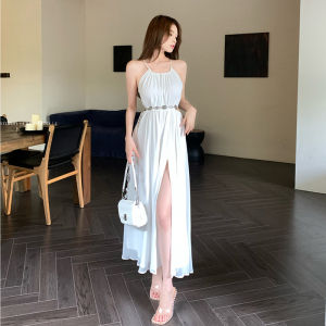 Váy Trắng Không Tay Khoét Rỗng Cổ Treo Kiểu Pháp Mùa Hè Mới Váy Dài Xếp Ly Cạp Cao Đi Biển Váy Chữ a Cho Nữ