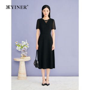 YINER | Elegant Beaded Round Neck Waist Cinched Acetate Blend Dress