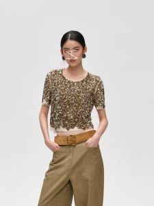 Special Interest Light Luxury Thin Glitter Stitching Mesh round Neck Short Sleeve T-shirt Womens Fashion Brand Design Loose Midriff Outfit Short Top Summer
