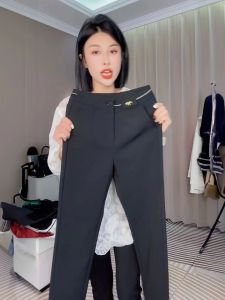 กางเกงสแลมทรงเข้ารูปเอวสูงสำหรับผู้หญิง กางเกงขายาวทรงตรงสีดำ ขอบสีขาว กางเกงขายาวทรงเข้ารูปสำหรับใส่ทำงาน