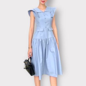 P016-028 PIMNADACLOSET - Womens Sleeveless Collar Twill Midi Dress
