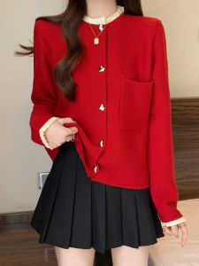 Red Knitted Sweater Coat Womens Early Autumn plus Size Slimming Medium Length Top for New Year Commute Casual Pure Color