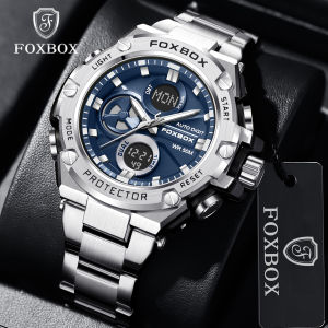 LIGE Sub Brand FOXBOX Dual Display Luminous Business Men Watch Waterproof Quartz Digital Led Sport Stainless Steel Men Watch + Box