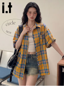 FINGERCROXX | Vintage Yellow Check Short Sleeve Shirt for Women