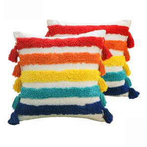 Bohemian Style Flocking Rainbow Pillowcase 3D Embossed Cotton Square Home Decorative Cushion Cover Universal Jojos Lpd
