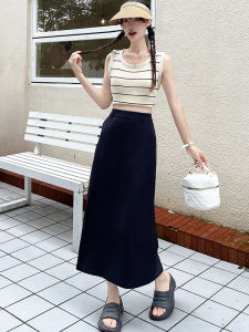 กระโปรงสั้นทรงตรงสีดำ กระโปรงสั้นทรงเอเข้ารูปสำหรับผู้หญิง ฤดูใบไม้ผลิและฤดูร้อน กระโปรงทรงเอเอวสูง กระโปรงทรงเอยาวปานกลาง