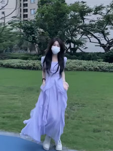 Summer New Style Retro Gentle Waist-Cinching Long Dress Womens Bubble Sleeve Square Collar Tea Break French Initial Dress