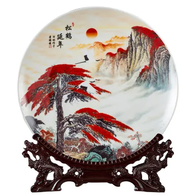 Đĩa Sứ Trung Quốc Họa Tiết Gỗ Thông và Hạc