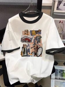 Áo Thun Nam Tay Ngắn Mùa Hè Phong Cách Mỹ Rộng Rãi Thường Ngày in Họa Tiết Hoạt Hình Cotton Thoáng Khí Thoải Mái