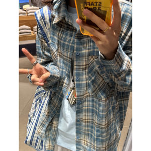 Blue Plaid Casual Shirt Mens Style American Retro Autumn Jacket Loose Fit Youth Trend Online Sales Only Long Sleeve Flip Collar