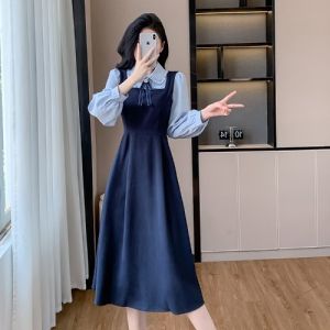 Váy Dài Vừa Phải Màu Xanh Lam Phong Cách Đại Học Cổ Điển Mùa Thu 2025 Mới Độc Đáo Siêu Đẹp Giả Hai Mảnh