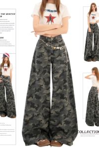 กางเกงยีนส์ทรงหลวมสไตล์อเมริกันย้อนยุคลายพรางสำหรับผู้หญิงไซส์ใหญ่ กางเกงขายาวทรงตรงสบายๆ สไตล์ลำลอง