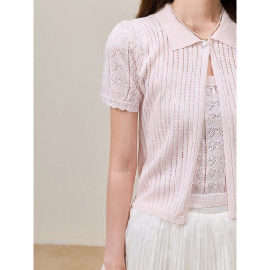 Bộ Đôi Mỏng Nhẹ Hè Áo Cardigan Cổ Notch Nơ Ren Dây Đeo Màu Hồng