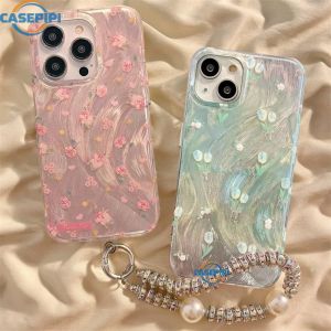 CASEPIPI Case hp iPhone 11 iPhone 7 Plus 12 14 13 15 Pro Max iPhone XR 8Plus X XS Max iPhone 6s 7 8 6 Plus SE 2020 Casing Lanyard Kesing Feather Dreamy Tulip Clusters of Pink Floral Motif Crystal Bracelet Hard Case