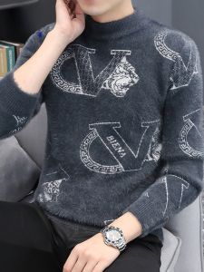 ROMON | Lormen Mens Thickened Mink Sweater Half High Collar Winter Fashion Warm Knitted Base Layer Shirt Casual Straight Fit Knitwear