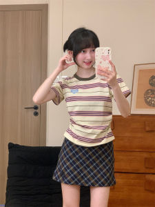 Áo Thun Cotton Mùa Hè Tay Ngắn Cổ Tròn Thêu Hình Trái Tim Màu Tương Phản Phong Cách Hàn Quốc Dành Cho Nữ